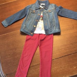 Girls denim jacket, 2 T-shirts, and leggings
